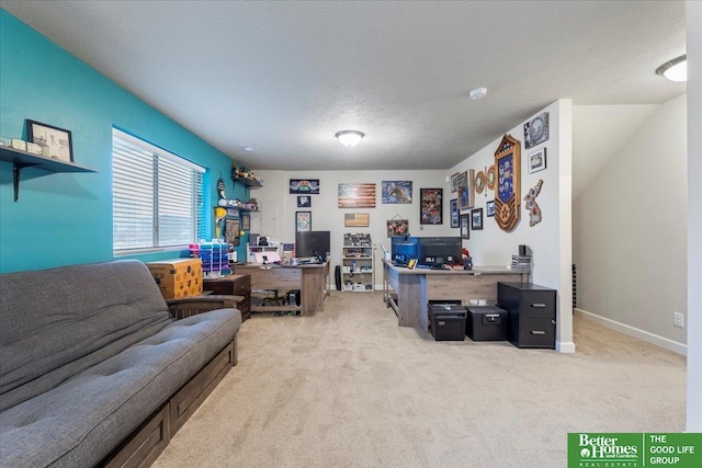 living room featuring light carpet and a textured ceiling