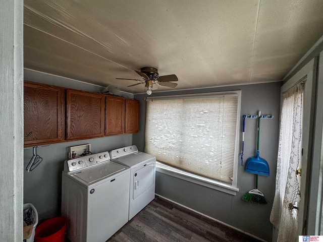 clothes washing area featuring ceiling fan, cabinets, separate washer and dryer, and dark wood-type flooring