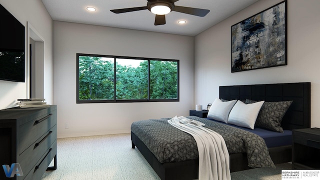 bedroom featuring light carpet and ceiling fan