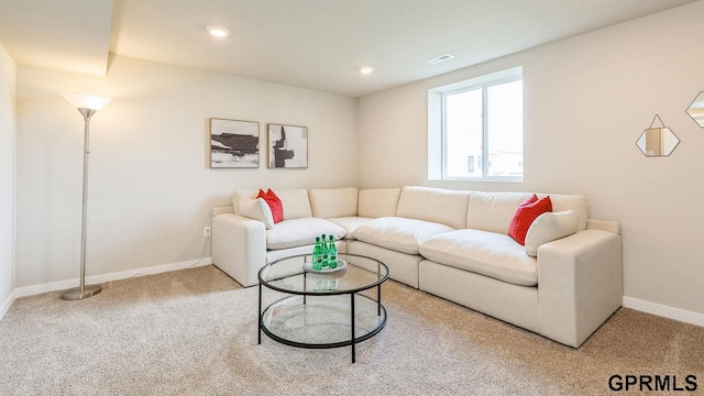 living room with light colored carpet