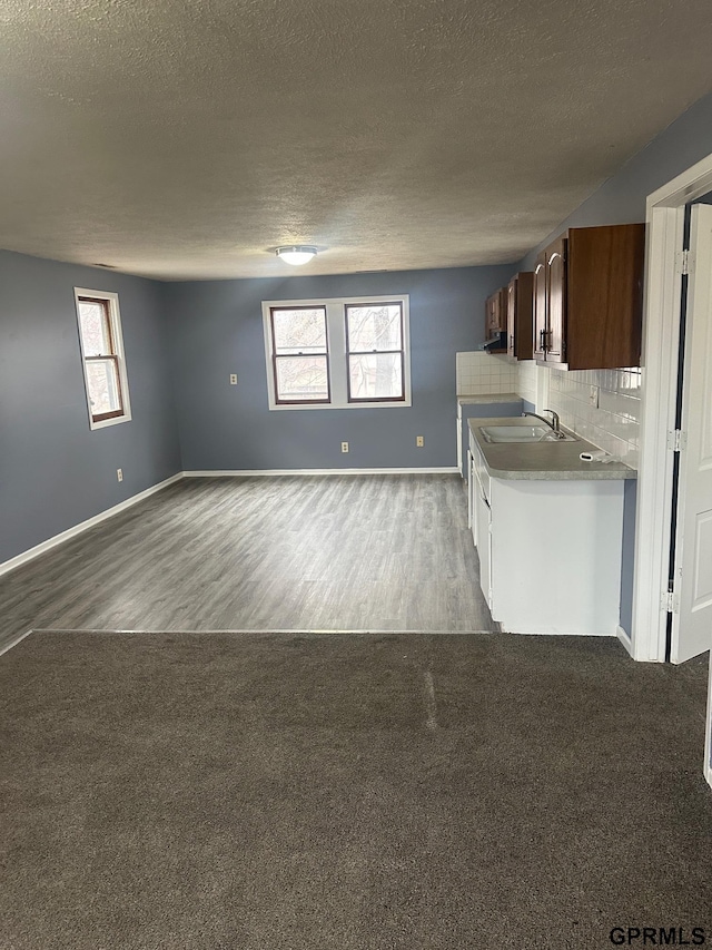 kitchen featuring decorative backsplash, a healthy amount of sunlight, a textured ceiling, and hardwood / wood-style flooring