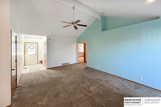 unfurnished living room with carpet flooring, beam ceiling, high vaulted ceiling, and ceiling fan