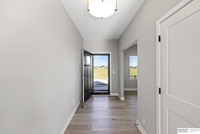 doorway to outside with wood-type flooring