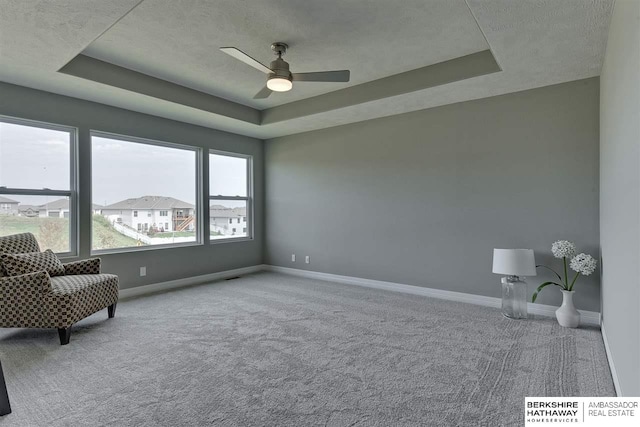 living area featuring a textured ceiling and a raised ceiling