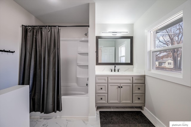 bathroom with vanity and shower / tub combo with curtain