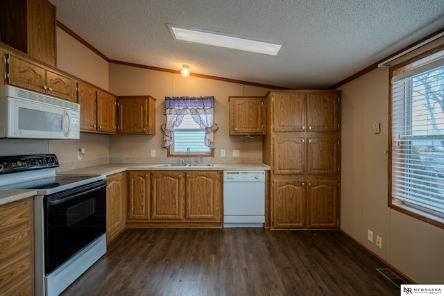 kitchen featuring a textured ceiling, white appliances, sink, dark hardwood / wood-style floors, and lofted ceiling