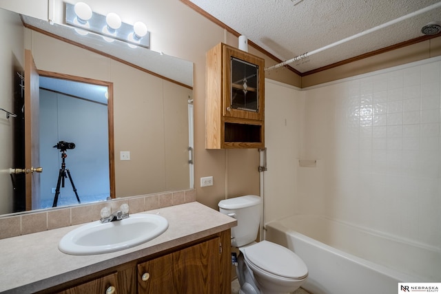 full bathroom with vanity, vaulted ceiling, toilet, ornamental molding, and a textured ceiling