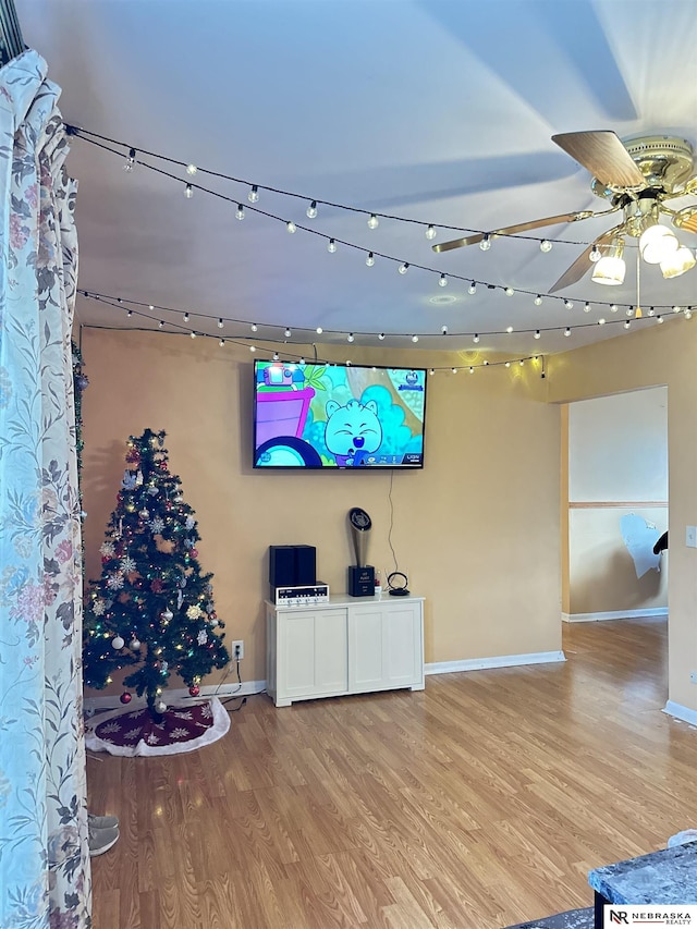 living room with ceiling fan and light hardwood / wood-style flooring