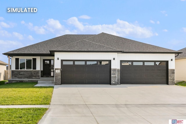 prairie-style house with a garage and a front lawn