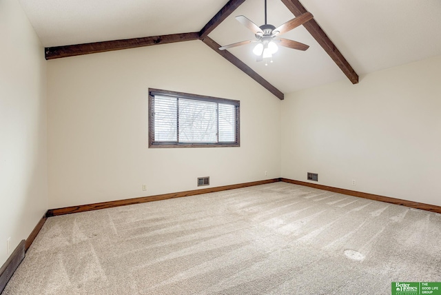 empty room with light carpet, lofted ceiling with beams, and ceiling fan