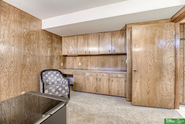 kitchen with light colored carpet, built in desk, and wooden walls