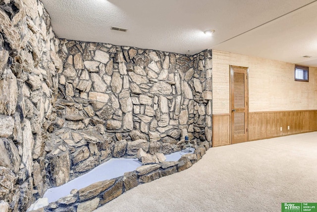 interior space featuring carpet, a textured ceiling, and wooden walls