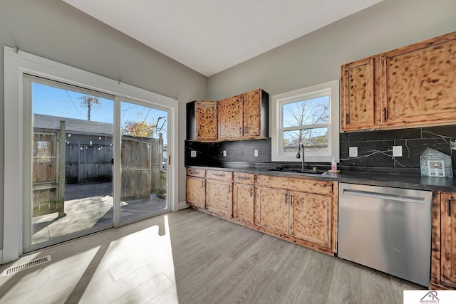 kitchen with decorative backsplash, light hardwood / wood-style floors, stainless steel dishwasher, and sink