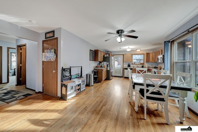 dining area with ceiling fan and light wood-type flooring