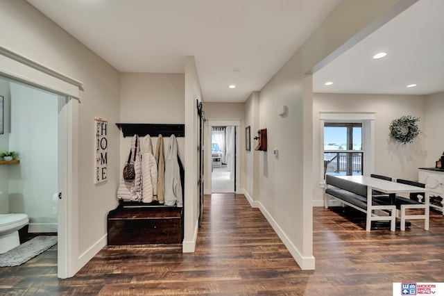 hall with dark wood-type flooring