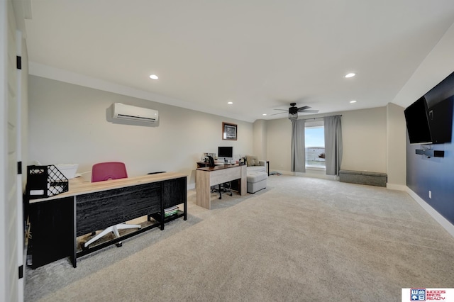 office area featuring a wall mounted AC, light carpet, and ceiling fan