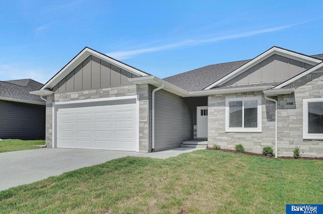 single story home with a garage and a front yard