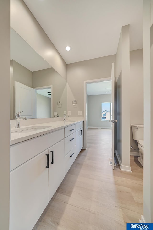 bathroom featuring vanity, hardwood / wood-style flooring, and toilet