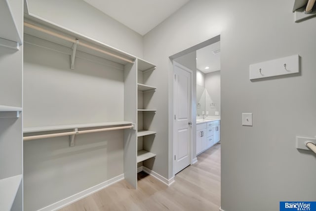 walk in closet with light hardwood / wood-style floors