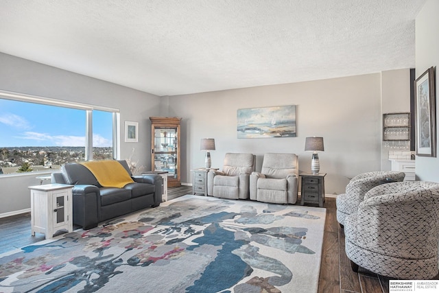 living room featuring a textured ceiling and dark hardwood / wood-style floors