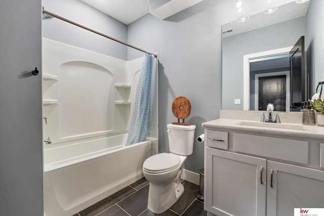 full bathroom with vanity, shower / bathtub combination with curtain, and toilet