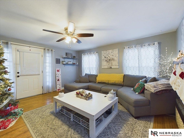 living room with hardwood / wood-style floors and ceiling fan