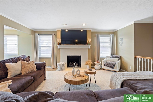 living room with light colored carpet, a healthy amount of sunlight, a textured ceiling, and ornamental molding