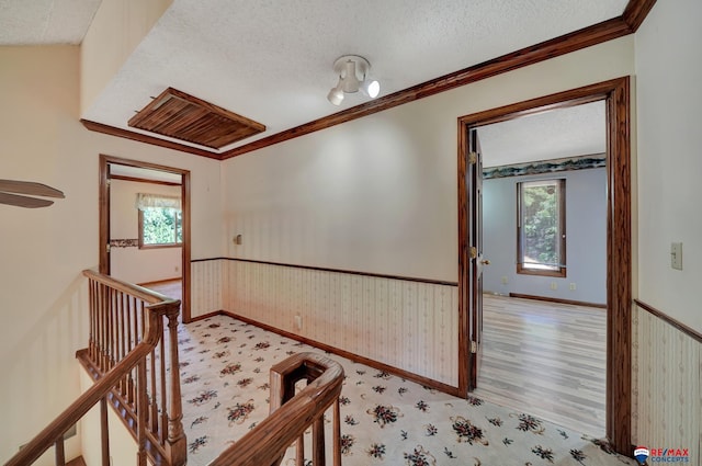 hall with a textured ceiling, light hardwood / wood-style floors, and ornamental molding