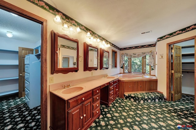 bathroom featuring vanity, a bath, and a textured ceiling