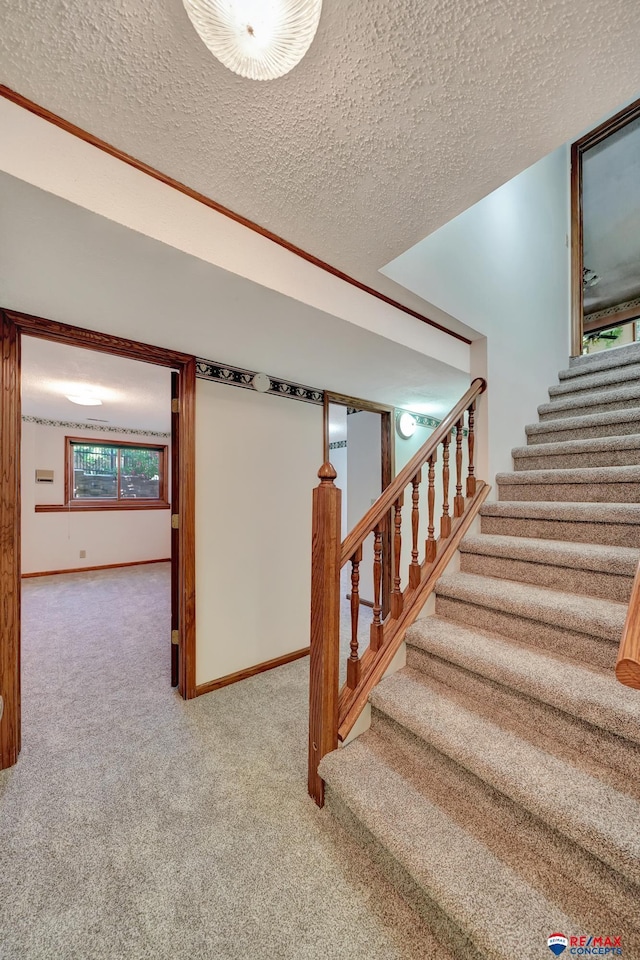 staircase with carpet and a textured ceiling