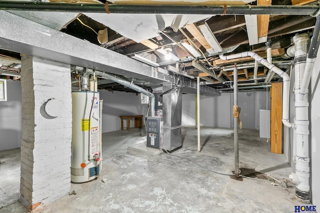 basement with heating unit and water heater