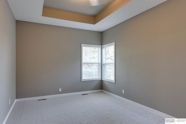 empty room featuring a raised ceiling and carpet floors