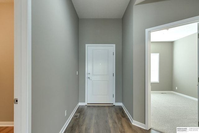 hall featuring dark wood-type flooring