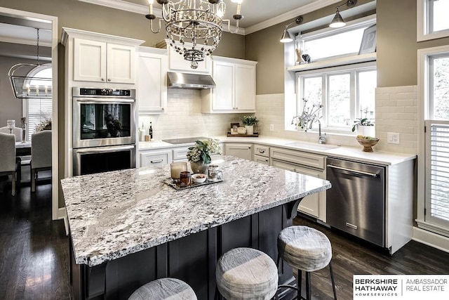 kitchen featuring stainless steel appliances, sink, white cabinets, a center island, and range hood