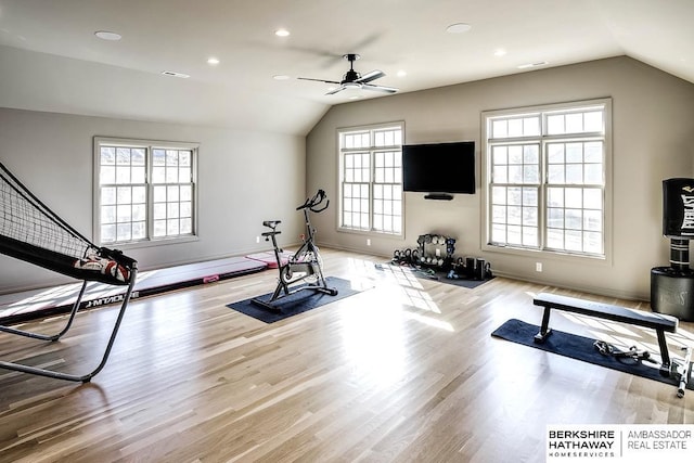 workout area with a wealth of natural light, light hardwood / wood-style flooring, ceiling fan, and lofted ceiling