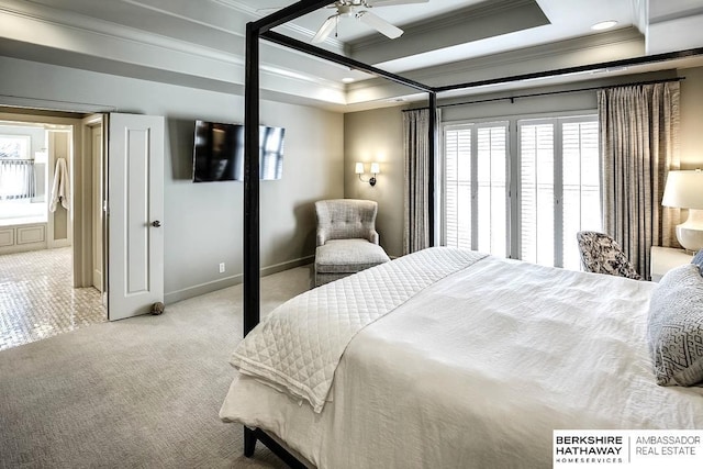 bedroom featuring multiple windows, ceiling fan, and crown molding