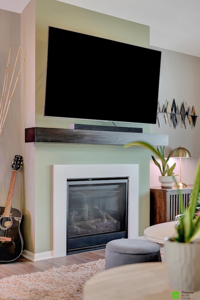 room details with a glass covered fireplace, baseboards, and wood finished floors