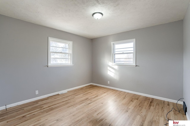 spare room featuring plenty of natural light, a textured ceiling, and light hardwood / wood-style flooring