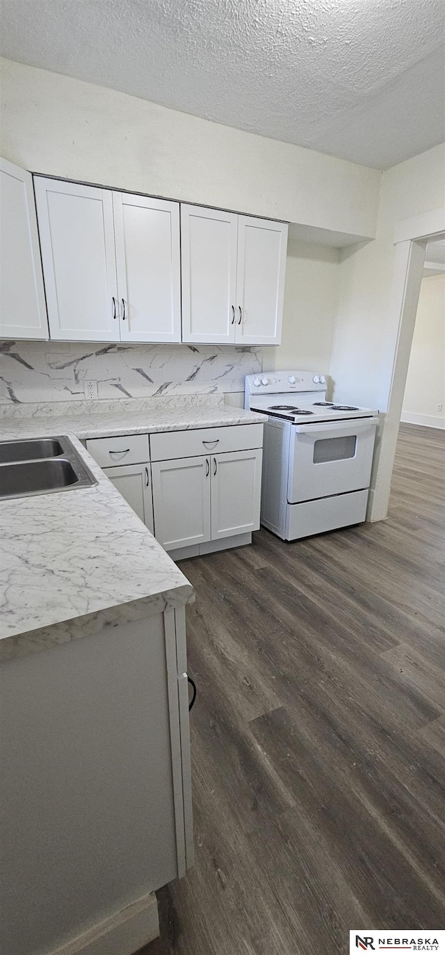 kitchen with dark wood-type flooring, electric stove, sink, decorative backsplash, and white cabinetry