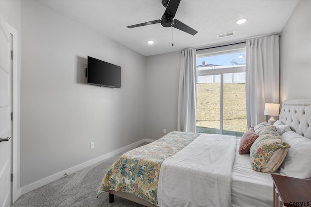 carpeted bedroom featuring access to outside and ceiling fan