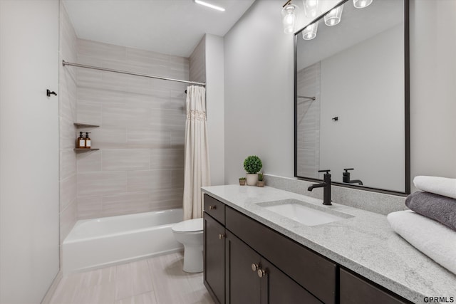 full bathroom with vanity, toilet, and shower / bathtub combination with curtain