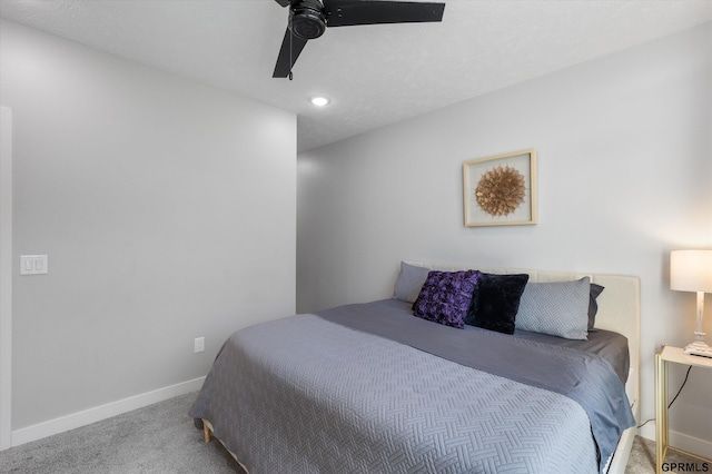 bedroom featuring ceiling fan, baseboards, carpet flooring, and recessed lighting