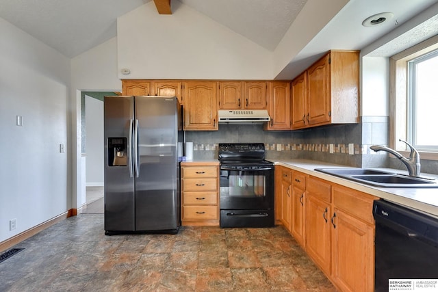 kitchen with decorative backsplash, sink, high vaulted ceiling, and black appliances