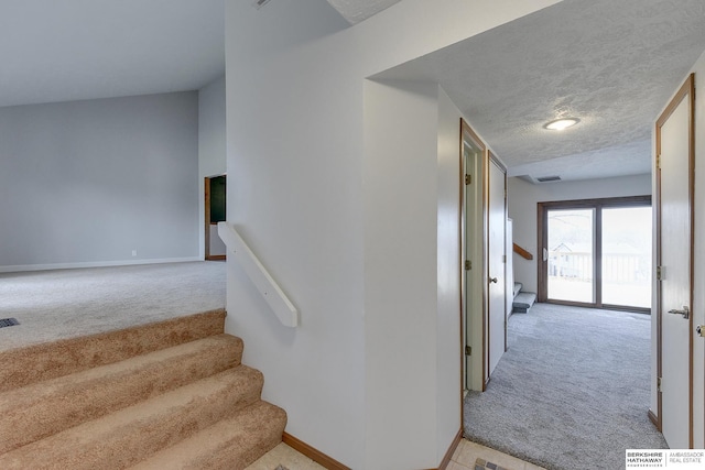 stairway featuring carpet flooring and a textured ceiling