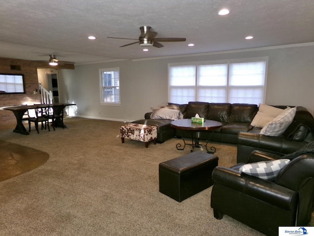 carpeted living room featuring ornamental molding, a textured ceiling, ceiling fan, and a healthy amount of sunlight