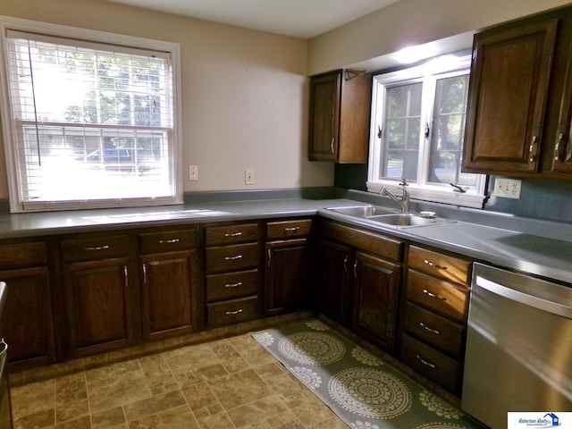 kitchen featuring dishwasher, dark brown cabinets, and sink