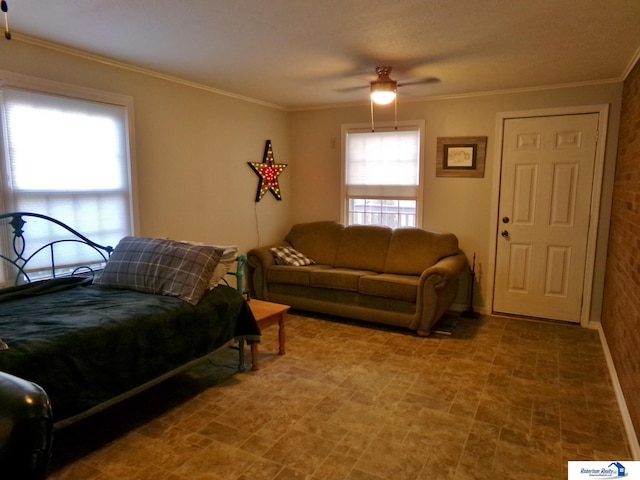 bedroom featuring ceiling fan and ornamental molding