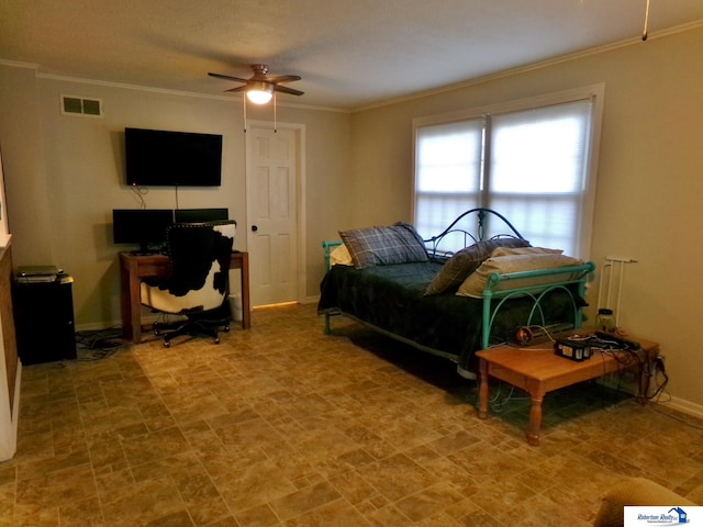 bedroom featuring ceiling fan and ornamental molding