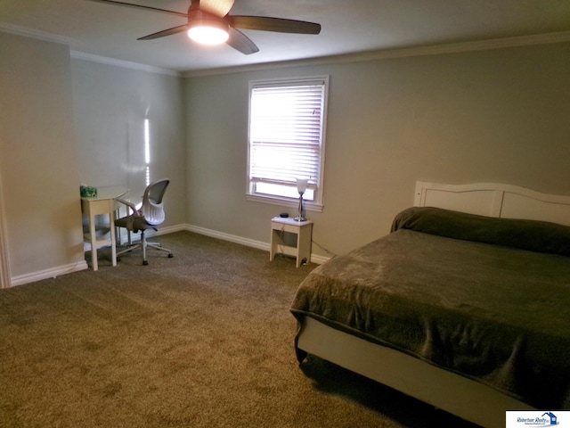 carpeted bedroom featuring ceiling fan and ornamental molding