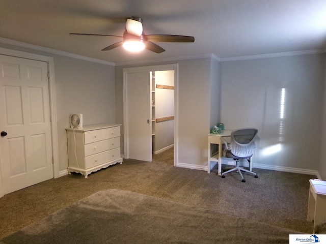 carpeted home office with ceiling fan and crown molding